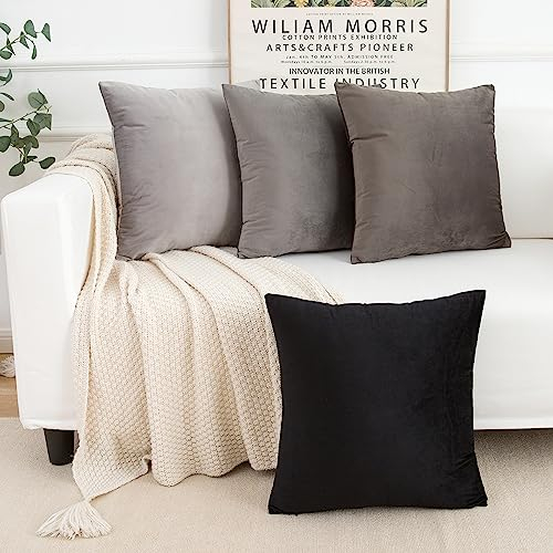Yonous Grau und Schwarz Gradient Farbe Combo Set Kissenbezüge, Premium-Samt weiches Quadrat dekorative werfen Wurfkissenbezug für Sofa Bett Couch Stuhl, 4er Set, 16 x 16 Inch / 40x40 cm