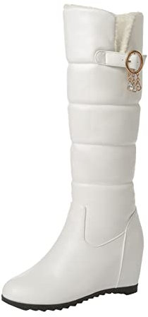 Bottes hautes pour femme - Bottes de neige plates blanches avec talon compensé - Bottes d'hiver élégantes - Bottes d'hiver à enfiler - Bottes hautes - Bottes d'hiver - Bottes d'équitation - Bottines
