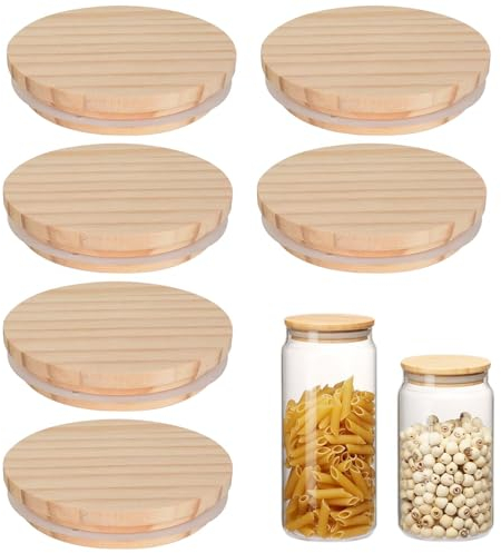 Holzdeckel, 6 Stück 8cm Runder Bambusdeckel für Gü Töpfe, Gläser Deckel mit Silikon Versiegelung, für Keramikbecher Kaffeetassen (Kiefer)