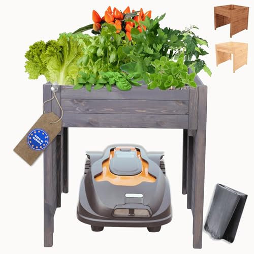 MODO24 Mährobotergarage, Rasenmäher Garage, Mähroboter Garage aus robustem Holz, Pflanzkasten mit Schutzfolie, Wetterfest, Blumenregal, Blumenständer, FSC Holz, Abmessungen 76x79x74 cm, Farbe: Grau