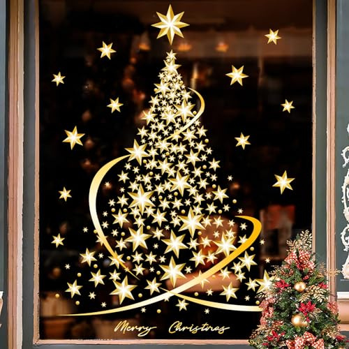 QRTDXP Extra Large Christmas Tree Window Stickers,Gold Star Window Deals,Christmas Removed and Reusable Double-Side Window Cling Display for Xmas Party-2 Sheets *34cm*100cm