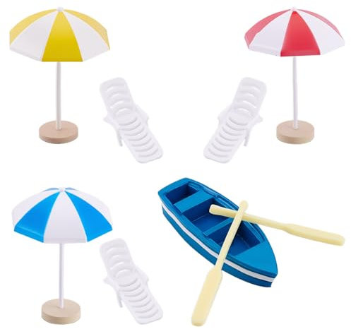 HOBBIESAY 6 mini Parasol de Plage avec Base 6 chaises Longues Miniatures 1 mini Bateaux Accessoires de Bricolage pour Jardin Piscine et Décoration Photographique.