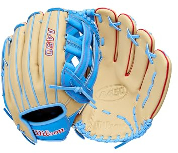 Wilson 2026 A450 - Guantone da baseball, 12 (30,48 cm), lancio mano destra, colore: Biondo/Blu fresco/Rosso