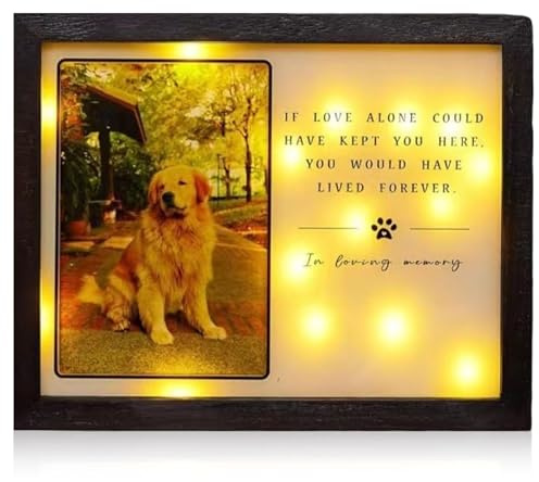 Behogan Marco conmemorativo para perros y gatos, placa conmemorativa LED para mascotas con foto y texto, personalizable para amantes de los perros, marco de fotos de madera para perros o dueños de