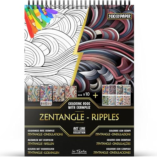 In Textu Livre de Coloriage Adulte Zentangle Ondulations, Papier 200 g/m² | Reliure spirale, A4, qualité premium, 30 dessins, 300 modèles couleur, pour crayons et marqueurs Acrylique|Alcool|Eau