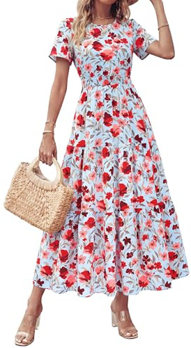 PRETTYGARDEN Women's Summer Casual Short Flutter Sleeve Round Neck Smocked Waist Tiered Boho Floral Flowy Maxi Dress(Blue Red Flower,Medium)