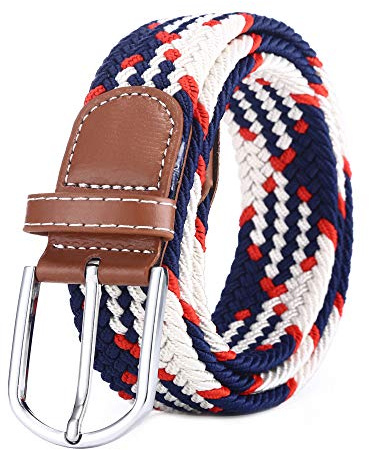 BOZEVON Cinturón elástico tejido - Multi-colores Cinturón de tejido elástico trenzado la tela de estiramiento para Hombres Mujeres Azul oscuro y blanco y naranja