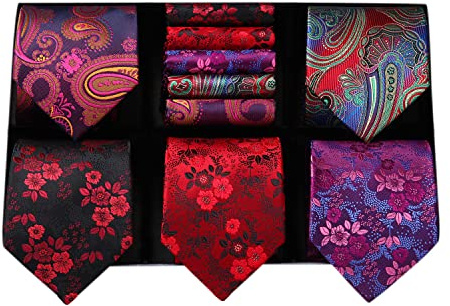 HISDERN Men's Necktie Collections, Lot 5 PCS Classic Men's Silk Tie Set Necktie & Pocket Square with Gift Box,T5-s1,One Size