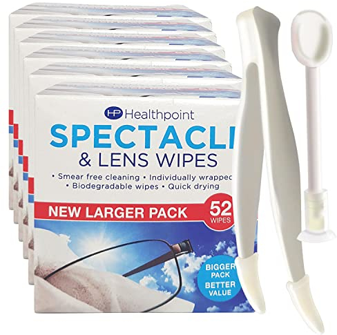 Healthpoint Glasses Wipes - 416 Individually Wrapped Lens Wipes - Also Suitable for Cameras, Binoculars & Smartphone Screens (8 Extra Value Packs of 52) Plus Contact Lens Applicator