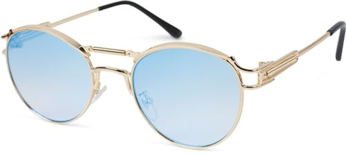 styleBREAKER Gafas de sol Panto para damas con lentes planas ovaladas y patillas de metal, plumas, almohadilla nasal de silicona 09020117, color:Montura de oro/vidrio azul-rosa reflejado