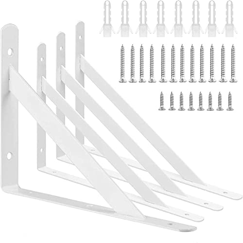 AConnet 4 Pack White Shelf Brackets 10 Inch Heavy Duty L Bracket for Shelves, Wrought Iron White Triangle Shelf Brackets, Wall Mounted Floating Corner Shelving Bracket with Mounting Screws