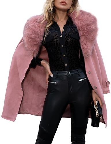 Giolshon Veste Longue en Cuir Imitation Daim pour Femmes, Vêtements D'hiver Trench-coat à la Mode Ceinturé pour Motard avec col en Fourrure Amovible FF20 Rose L