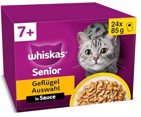 Whiskas 7+ Kattfoder med fågel, urval i sås, 24 x 85 g (2 förpackningar) – högkvalitativt våtfoder från det 7:e levnadsåret, i 48 portionspåsar