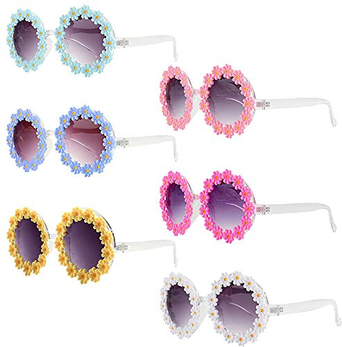 Lotvic 6 Paar Party Brille Rund, Brille Blume, Partybrille für Kinder, Retro Hippie Stil Sonnenbrillen, Hippie Kostüm Sonnenbrillen für Kinder Retro Brille Blumenform