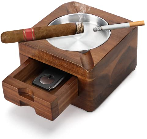 Tesonway Posacenere per sigari, posacenere in legno, posacenere quadrato con 4 fessure, porta sigari con cassetto per accessori per sigari, per interni ed esterni, patio, casa, ufficio, regalo