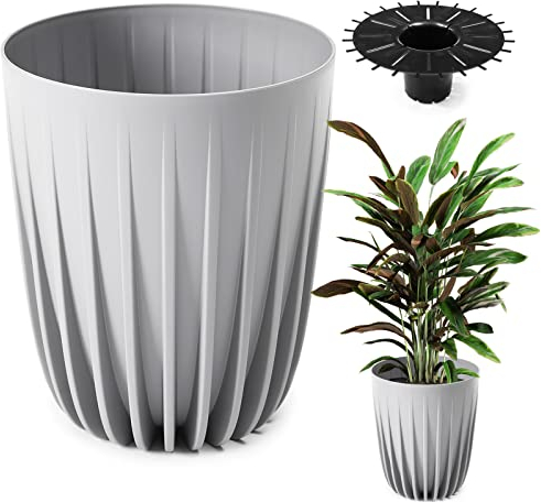 Konzept 11 - Hoher Blumentopf 39cm Durchmesser, Pflanzkübel Groß für Außen, Balkon, Übertopf mit Einsatz Grau, Palmentopf