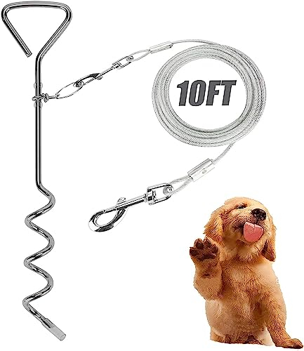 GENCAM Cable de amarre y estaca para perros, cable de amarre para perros con estaca en espiral, correa de gancho para perros (3 m)