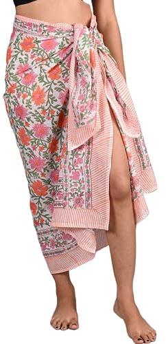 100% Cotton Hand Block Printed Sarong Womens Swimsuit Wrap Cover Up, Beach Bikini Wrap Skirt Pareo Scarf Stole Shawl for Women (Design-13)