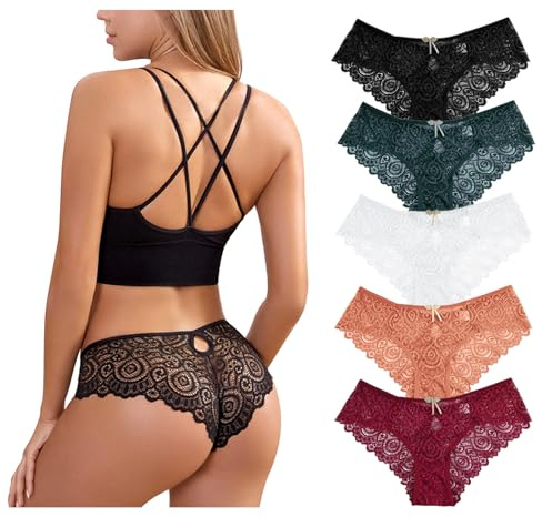 Zilams Tanga de Encaje Mujer Sexy Bragas Elástica Cintura Baja Ropa Interior Femenina Suave Slip Braguitas Culotte (S, E-5Pcs)