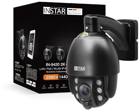 INSTAR IN-9420 2K+ schwarz - LAN/PoE/WLAN Überwachungskamera mit KI (AI) - IP Kamera - PIR - Steuerbar PTZ - Verwendung im Innen- und Außenbereich - Audio - HomeKit - MQTT