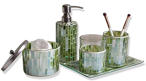 Set di 5 accessori per il bagno mosaico fatti a mano con spazzolino da denti, cotton fioc, supporto per dischetti di cotone, dispenser di sapone liquido e un vassoio gran