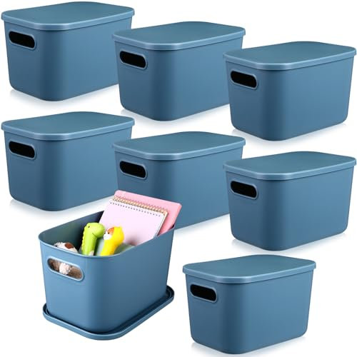 Hoolerry Bunte Aufbewahrungskörbe mit Deckel, Kunststoff-Aufbewahrungskorb, stapelbare Box mit Griff für Regale, Schreibtisch, Spielzimmer, Büro (26,7 x 17,8 x 16,3 cm, blau), 8 Stück