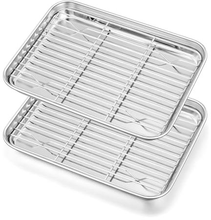 HaWare Mini Stainless Steel Baking Oven Tray with Rack Set(2 Sheets + 2 Racks), 23.7 x 17.7 x 2.5 cm Cookie Sheet Pan with Cooling Rack, Idea for Baking/Cooking/Drying, Mirror Finish& Dishwasher Safe