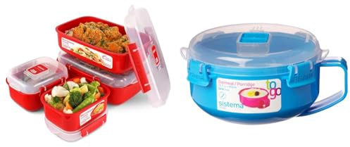 Sistema Heat and Eat Microwave Set | 4 Rectangular Food Containers with Lids & Microwave Breakfast Bowl | Round Microwave Container with Lid | 850 ml | BPA-Free | Assorted Colours | 1 Count