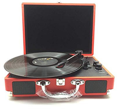 MRKU Giradischi Giradischi in Vinile Bluetooth, retrò Vintage Wireless a 3 velocità, con Altoparlanti Stereo integrati, Design a Valigia, Rosso, Formato Unico