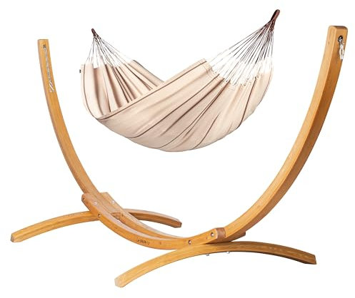 LA SIESTA® Modesta dubbel hängmatta i ekologisk bomull och trästativ - utomhus hängmatta stativ - hängmatta med stativ, 2 personer stående hängmatta duk för trädgård, balkong, pool - Nougat