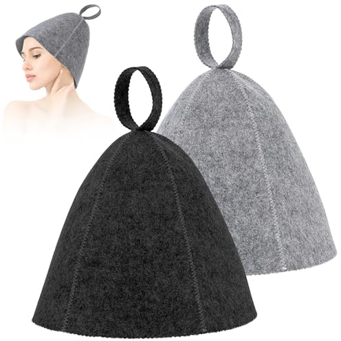 Lot de 2 bonnets de sauna en feutre de laine - Bonnet de sauna doux - Bonnet en feutre absorbant - Accessoire de sauna pour homme et femme - Protection de la tête - Taille universelle (gris, noir)