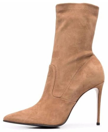 Botines de Tacón Alto a la Moda para Mujer, Botines de Fiesta con Punta Puntiaguda y Sin Cordones Zapatos de Vestir de Ante Liso con Tacón de Aguja,Caqui,39 EU