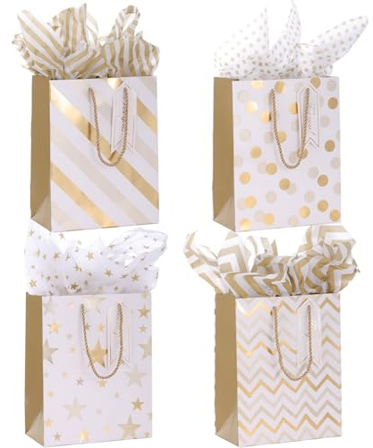 4Pack Medium Gift Bags with Tissue Paper,Gold,4 Design,18 x 23 x 10CM