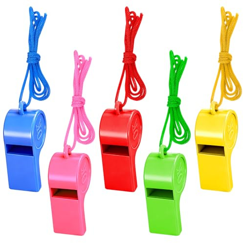 SULIKJHUI Fischietto da arbitro in plastica, 25 pezzi, fischietto da arbitro con cordino, fischietti sportivi per calcio, allenatori, bambini, educazione fisica, 5 colori