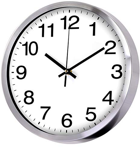 Wall Clock 12 Inch Metal Frame Glass Cover Non-ticking Number Quartz Wall Clock Modern Quartz Design Decorative Indoor/Kitchen(Silver)