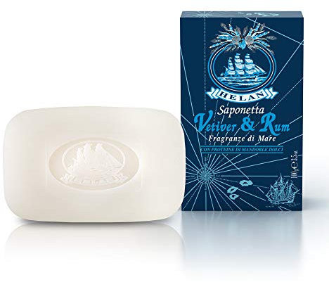 Helan, Vetiver & Rum, Saponetta Detergente e Profumata per Pelle Morbida e Igienizzata - Sapone Mani e Corpo Solido Naturale e Delicato, Arricchito con Olio di Mandorle Dolci, 100 gr - Made in Italy
