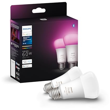 Philips Hue Smart 60W A19 LED Bulb - White and Color Ambiance Color-Changing Light - 2 Pack - 800LM - E26 - Indoor - Control with Hue App - Works with Alexa, Google Assistant and Apple Homekit