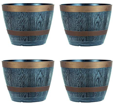 Rustic Style Dark Grey Plastic Half Barrel Cask Planters 28.5cm Diameter - Set of 4 - Indoor & Outdoor Flower/Plant Pot.