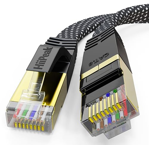 HiiPeak Cable Ethernet 3 metros Cat 8 Nailon Plano, Cable de Red Lan Alta Velocidad 40 Gbit/s y 2000 Mhz con Conectores Rj45 Chapados en Oro, Cable internet