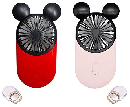 DecoLife Cute Handheld Mini USB Fan, Rechargeable Portable Fan, 3 Adjustable Speeds and Wearable Accessories, Pocket Size for Indoor Or Outdoor Activities, 2 Pack (Red+Pink)