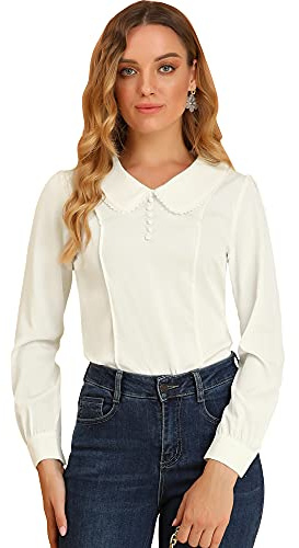 Allegra K Women's Peter Pan Collar Business Casual Blouse Long Sleeve 1950s Vintage Cute Shirt Medium White