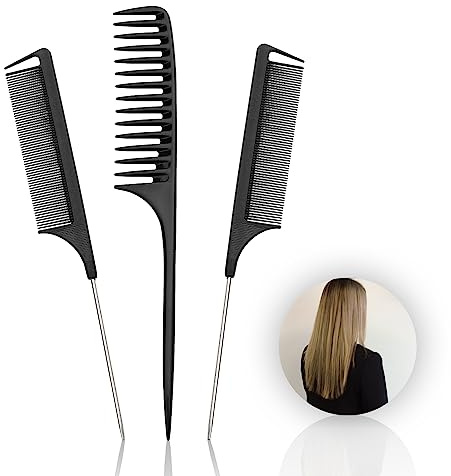 3pk Tail Combs Set - Wide Tooth Rat Tail Hair Comb 2pc Fine Tooth Pin Tail Combs with Metal Tail Parting Comb Sectioning Foiling Braiding for Hair Professionals