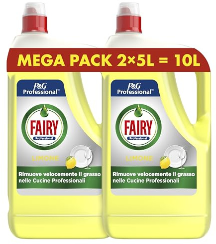 Fairy Professional Detersivo Piatti e Stoviglie a Mano, Profumo Limone, 10L (5L x 2), Efficace Contro il Grasso Ostinato, Lava fino a 50000 piatti, Per Uso Professionale