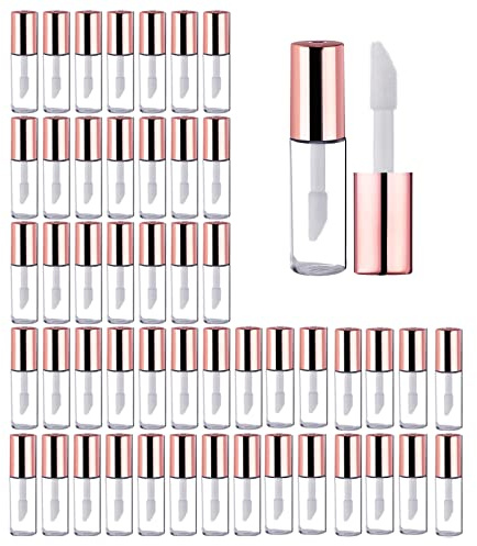 SenhE 50pcs 1.2ml Clear Pretty Lip Gloss Tube Empty Lip Balm Bottle Containers with Rubber Inserts for Samples Makeup Travel (Rose Gold Lid)
