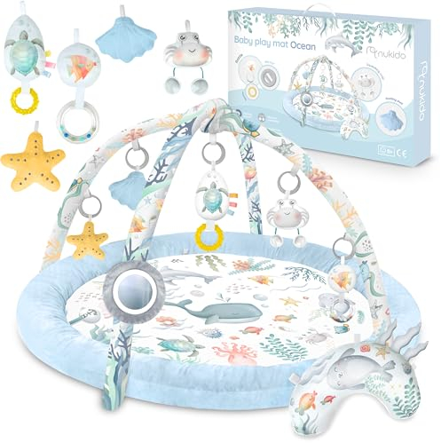 Nukido Spieldecke Mit Spielbogen Baby Spielmatte Babyspieldecke Krabbeldecke 7 Spielzeuge Und Kissen Weich Pflegeleicht Ocean Blau