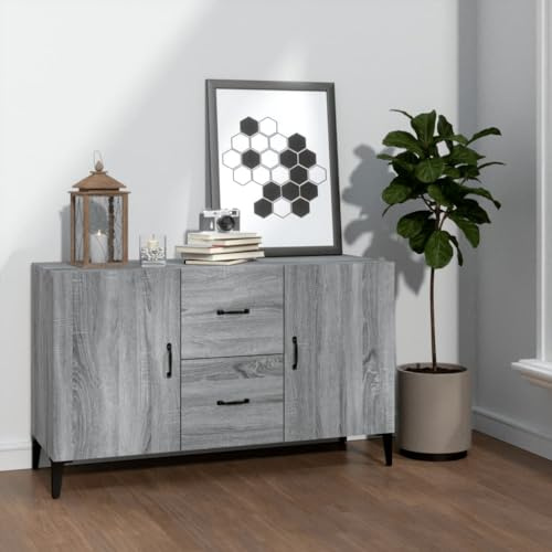 FOZICV Credenza grigia Sonoma 100 x 36 x 60 cm, materiale in legno resistente all'umidità, classico mobile di stoccaggio con 2 ante e 2 cassetti, mobile con cassetti per soggiorno