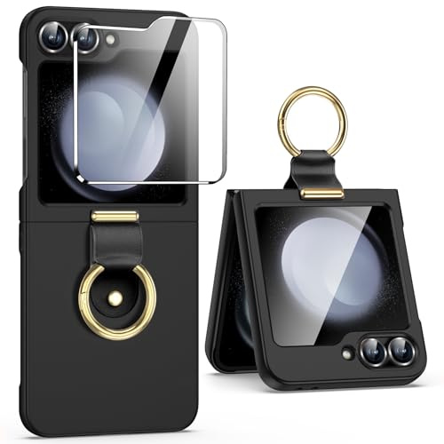 Fewdew för Samsung Galaxy Z Flip 7 FE/Z Flip 6 fodral [inte för Z Flip 7] med baksida skärmskydd och metallring, hård PC ultratunna anti-repor stöttåligt skyddande fodral, svart