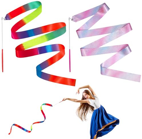2 Stück Tanzbänder,4 m Gymnastikband mit Stab Tanzband mit Stab Dance Ribbons Luftschlangen Rhythmische Sportgymnastik Band Luftschlangen für Künstlerisches Tanzen Erwachsene Kinder Talentshows Zirkus