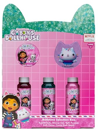 Gabby's Dollhouse Children's Bath Selection Box - Bathtime Gift Set - Includes 5 Items - Bubble Bath, Bath Beads, Fizzer, Bath Power, Shower Gel