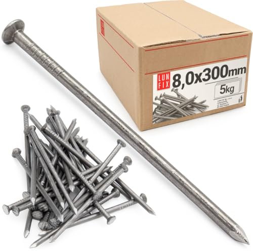 Lun Fix Clavos 8,0 x 300 mm - 5 kg (aprox. 40 uds.) Clavos de madera para trabajos de construcción Clavos de acero no galvanizados de 12 Clavos de acero de 300 mm de largo, cabeza avellanada